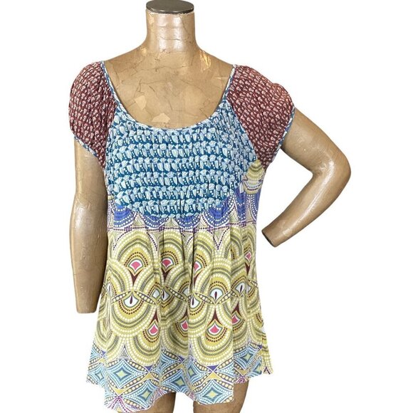 One World Colorful BOHO Mixed Pattern Short Sleeve Peasant Lagenlook Top XL 280i - Picture 1 of 11